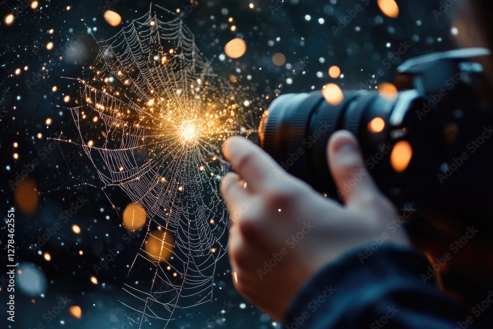 Poster a person captures the intricate details of a spider web with their camera