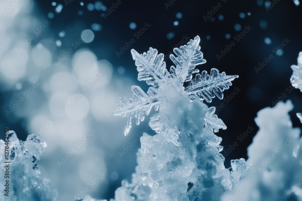 Poster Close-up shot of a single snowflake clinging to a tree branch, highlighting the intricate details and delicate beauty