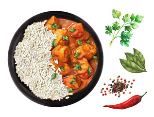 Chicken meat with tikka masala sauce with rice. Watercolor illustration