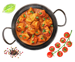 Delicious chicken tikka masala curry in iron pan. Watercolor illustration