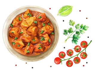 Traditional indian dish chicken tikka masala. Watercolor illustration