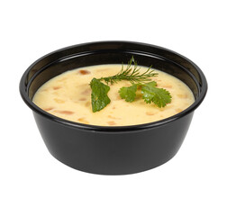 A warm bowl of soup garnished with fresh parsley on a white background
