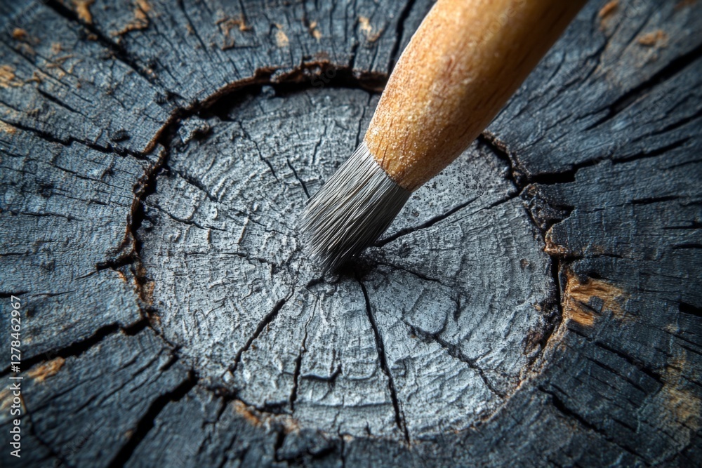 Poster brush applying paint on dark weathered wood surface during an artistic creation process in a worksho
