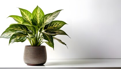 An Aglaonema plant in a modern pot, isolated on a white background