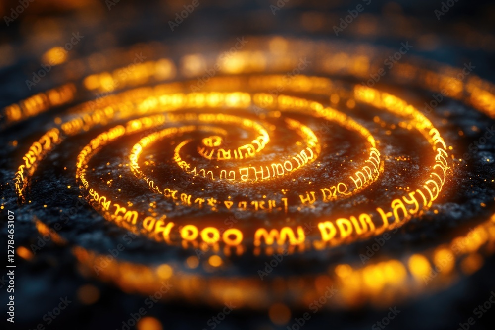 Poster a decorative spiral made of gold letters on a dark background, ideal for use in graphic design or as