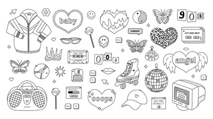 Big black and white Y2k set with fashion, sport, electronic, symbols from 90s, 00s. Retro aesthetic line doodle of jacket, radio, butterfly, heart, old PC, cassette, roller skate. Nostalgia for 1990s.