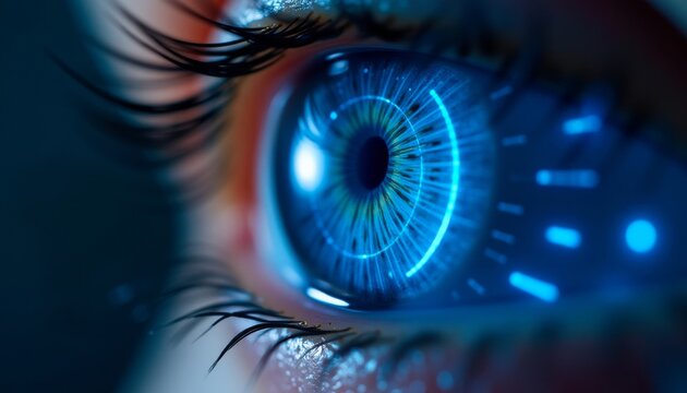 Eye with futuristic interface elements overlaid, suggesting advanced technology, data processing, or augmented reality.