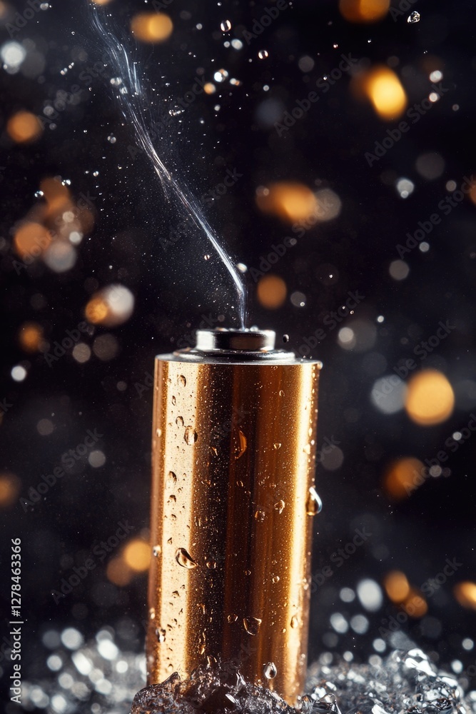 Poster a close-up view of a can of soda with lid removed, revealing the fizzy liquid inside
