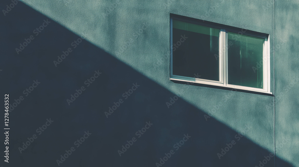 Poster Minimalist architecture with deep black wall and window shadow contrast