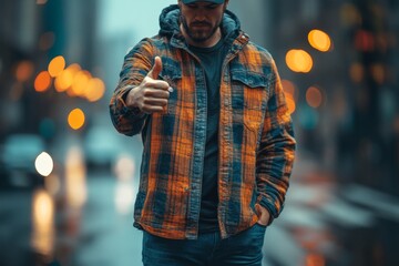 Man giving thumbs up in urban setting during rainy evening with blurred city lights