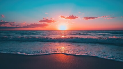Obraz premium A colorful sunset over the ocean, showcasing the delicate balance of the Earth's ecosystems in the face of climate change.