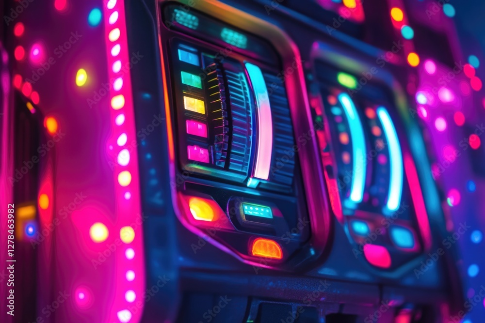 Poster a close-up shot of a car dashboard lit up with vibrant colors, suitable for use in automotive, techn