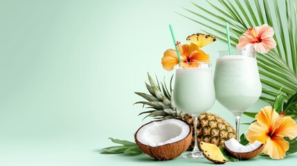 A stylish summer-themed background with a mint green base, featuring coconut drinks, pineapples, and hibiscus flowers.