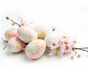Fototapeta premium easter eggs with floral patterns on a branch surrounded by flowers white background