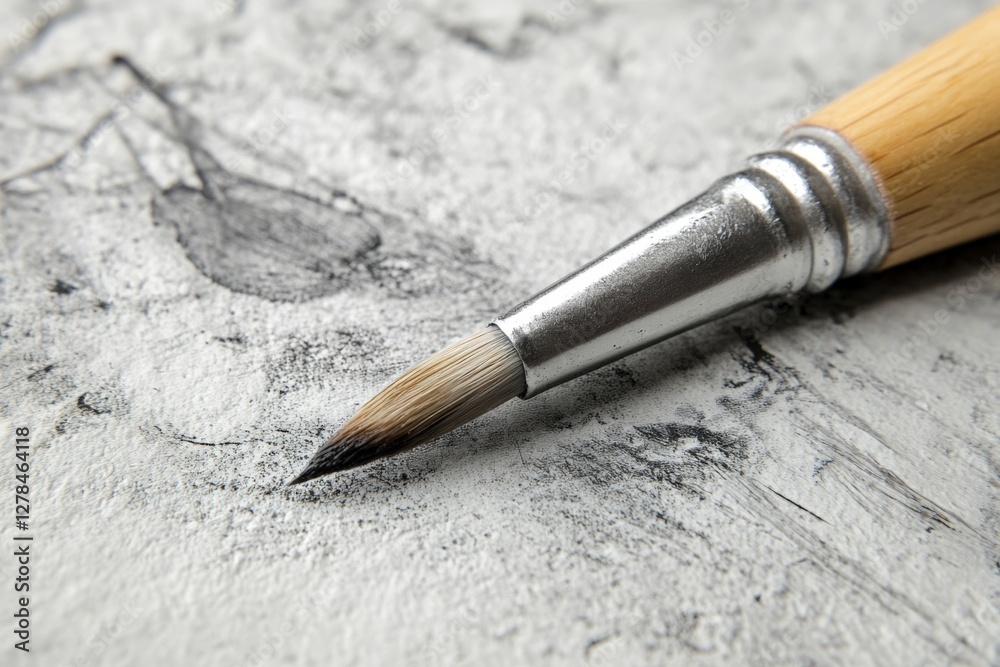 Poster close-up detail of a fine brush resting on textured gray canvas during an artistic project in a crea
