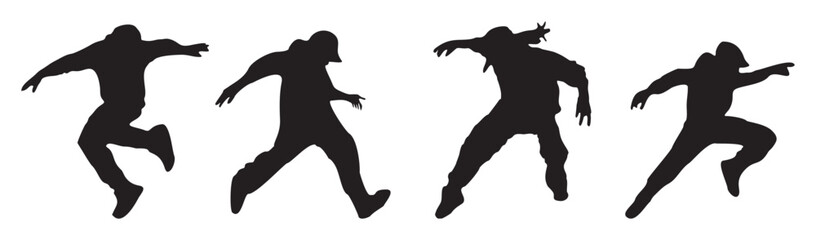 Set of dancing people silhouettes. Break dance, hip-hop street dancer isolated on transparent background