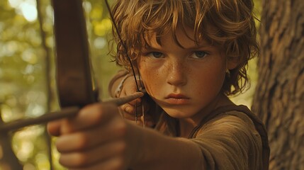 Young boy archer aiming bow and arrow in forest.