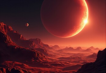 Red Planet Landscape with Large Planet and Moon
