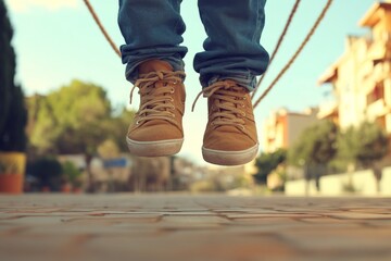 Jumping on a sunny day in a lively neighborhood with vibrant surroundings