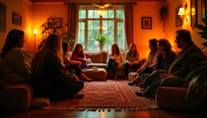 A group gathers in a cozy, warmly lit living room for an intimate meeting or casual social gathering, fostering connection and conversation.