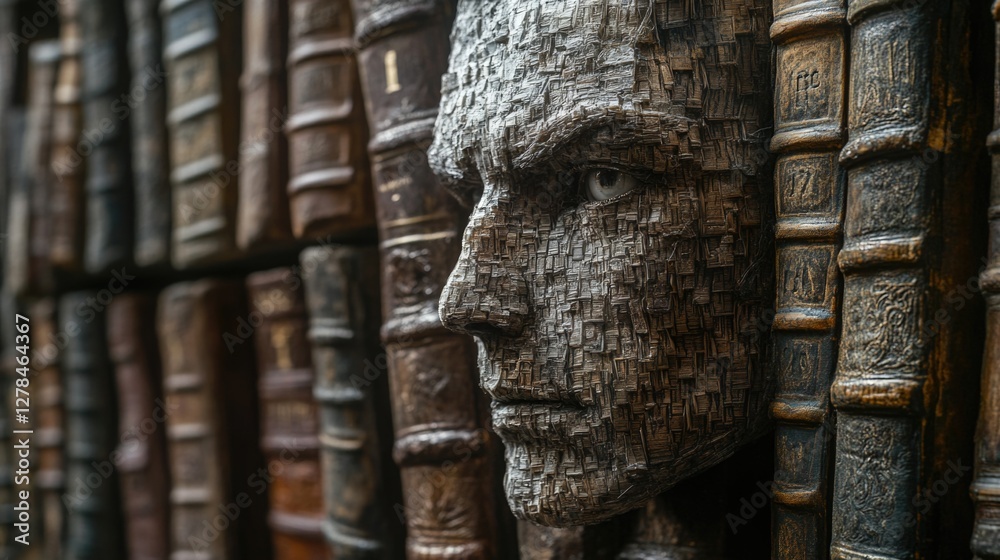 Aufkleber a close-up shot of a statue's face on a bookshelf