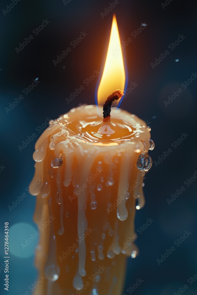 Poster a close-up of a lit candle with water droplets on the flame, perfect for use in still life photograp