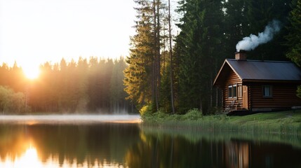 Fototapeta premium Sunrise over lake, cozy cabin, tranquil forest. Peaceful morning scene, ideal for travel brochures