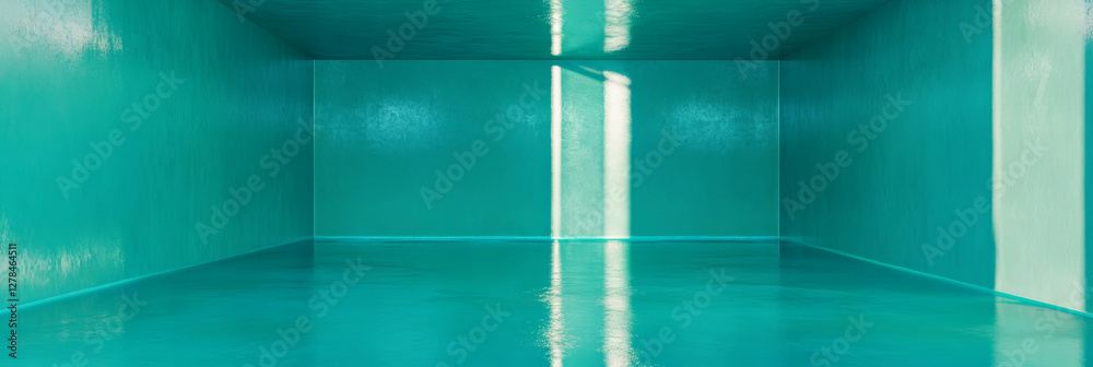 Poster glossy deep teal room with reflective surface and soft lighting