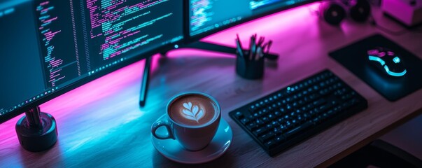 A tech-friendly home office with a dual-monitor setup, a cup of coffee on a wooden desk, and LED lighting creating a modern vibe.