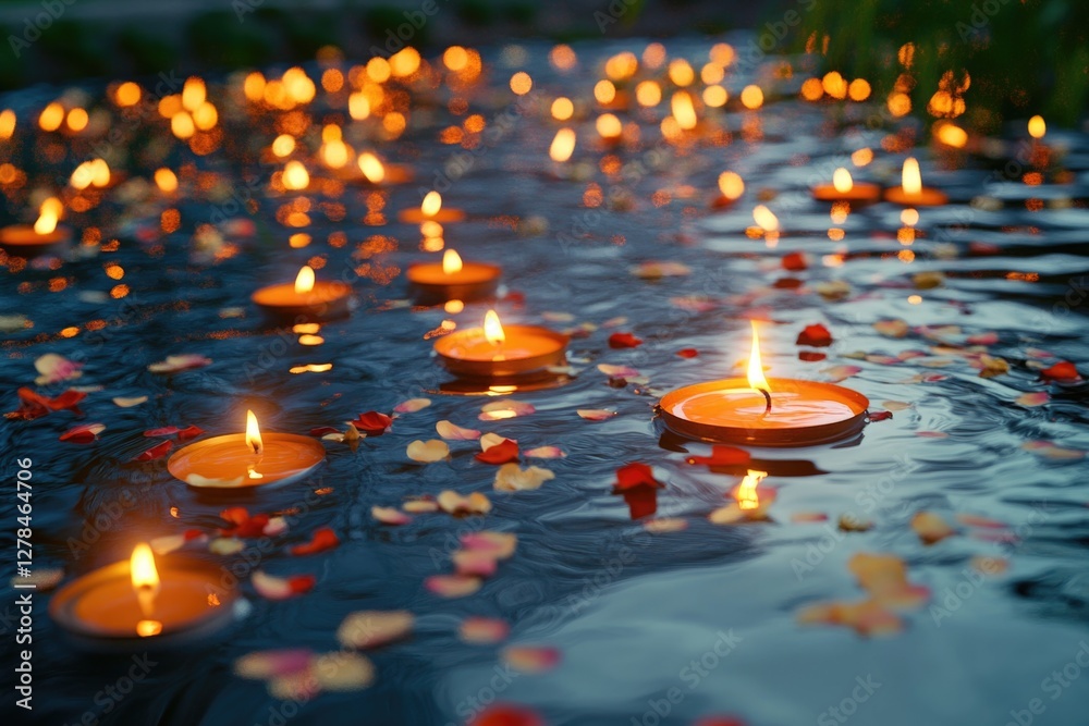 Poster a serene scene with many lit candles floating on the surface of calm water