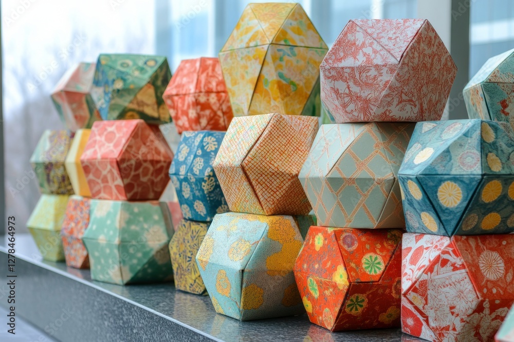 Poster Colorful geometric boxes arranged neatly on a table in a bright indoor setting showcasing intricate designs and patterns