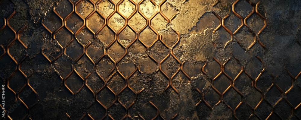 Aufkleber Textured hexagonal mesh on uneven wall with industrial and artistic design elements