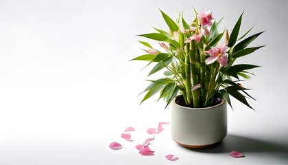 Lucky Bamboo plant in the modern pot, isolated on a white background with ample copy space