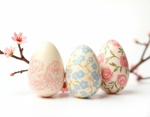 Fototapeta premium easter eggs with floral patterns on a branch surrounded by flowers white background