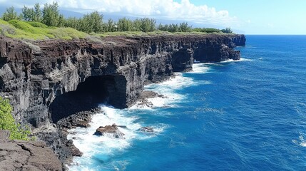 Obraz premium A dramatic ocean cliffside view with waves crashing against the rocks, perfect for adventure seekers.