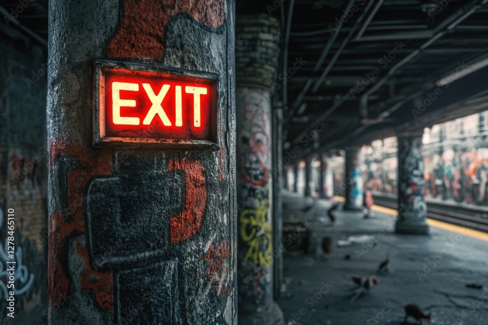 Poster a red exit sign sits on the side of a train track, often used in travel or infrastructure images