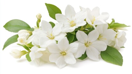 Fototapeta premium Fresh jasmine flowers scattered on a white surface, symbolizing purity, peace, and divine blessings.