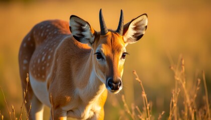 A small antelope stands in a grassy field, its coat a blend of tan and white, as it stares intently at the camera.