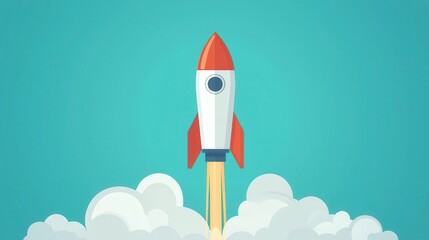 A colorful rocket ascending through clouds against a blue background, symbolizing adventure and exploration.