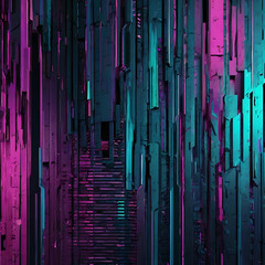 Obraz premium Glitch effect digital background with distorted pixel patterns in RGB color shifts of cyan, magenta, and deep purple, creating a cyberpunk and futuristic aesthetic. 