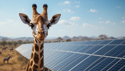 Fototapeta premium A curious giraffe stands gracefully near solar panels in a vibrant savanna, reflecting nature’s beauty while promoting sustainable energy under a sunny sky