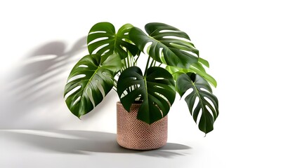 a Monstera plant in a modern pot, isolated on a white background
