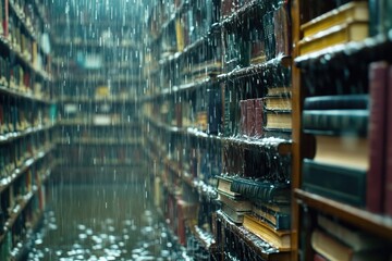 Fototapeta premium Cozy library setting on a rainy day, filled with books and atmosphere