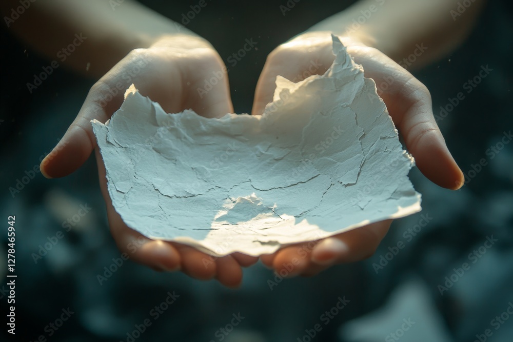 Poster Hands holding delicate, torn white paper with soft lighting in a serene indoor setting during a tranquil moment
