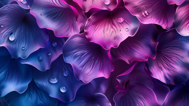 P&eacute;talos de flores moradas con textura fluida y reflejos de luz.