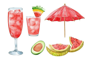 Watermelon Drinks, Avocado, and Parasol: Summer Watercolor Still Life.