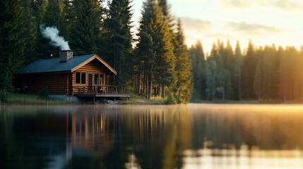 Sunrise Cabin Lake Forest Reflection