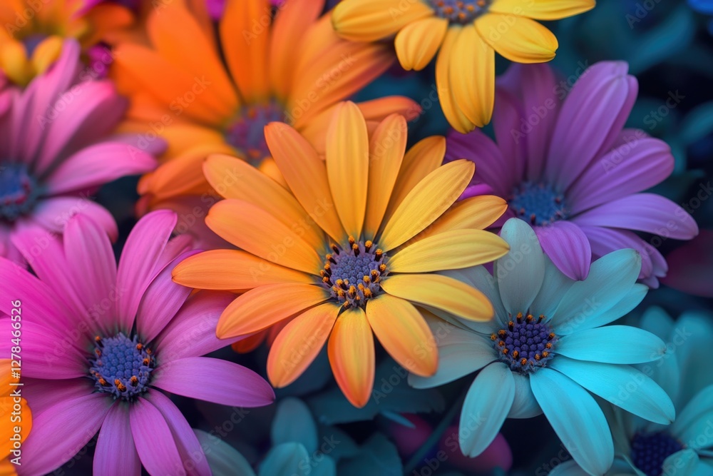 Poster a close-up shot of a vibrant flower arrangement with various colors and textures