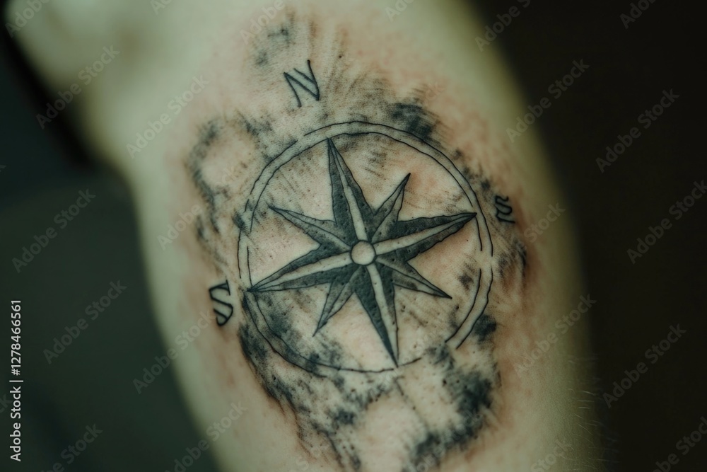 Poster a close-up view of a tattoo of a compass on a man's arm, symbolizing direction and guidance
