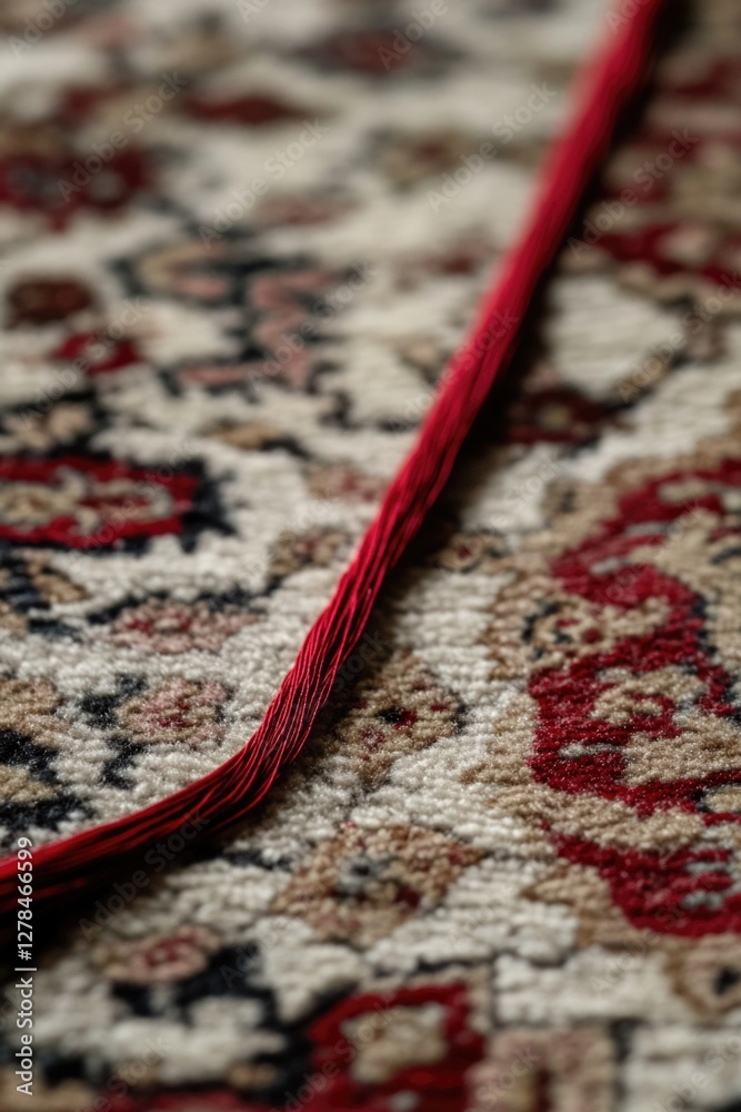 Poster close-up view of a red yarn strand on a rug, ideal for use in textiles or craft projects